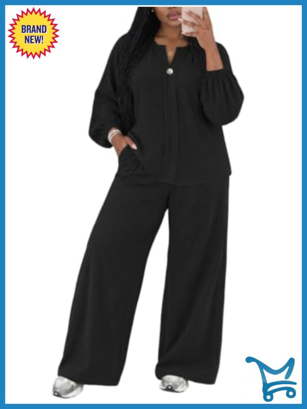 Women's Two Piece Set Long Sleeve V-Neck Puff Sleeve Wide Leg Pants Casual